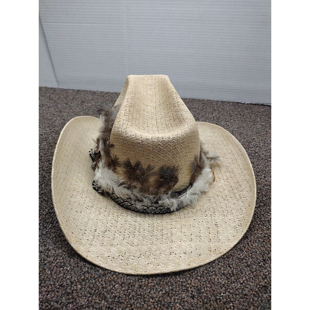 Vintage Texas Style Comanche Straw Cowboy Hat with Feathers USA 6 7/8 MX 55 80's - Picture 3 of 12